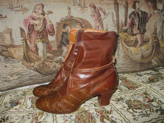 Antique Boots Tobacco Brown Leather Croc Cross St… - image 3