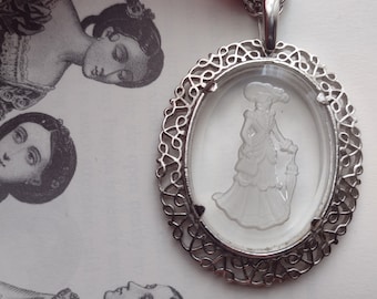 Avon Elegant Victorian Woman w Umbrella Cameo Necklace Clear Carved Frosted Glass Long Chain Oval Pendant Prairie Cottagecore Silver 80s 90s