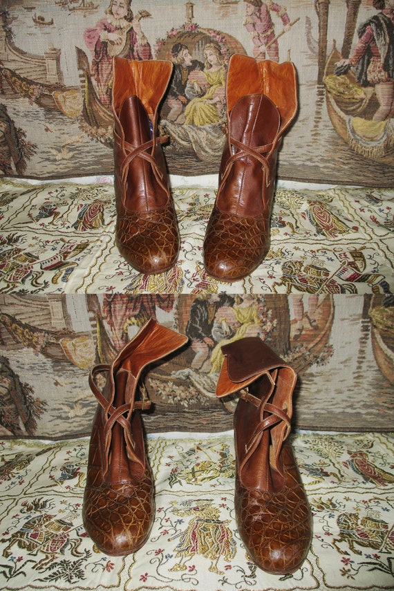 Antique Boots Tobacco Brown Leather Croc Cross St… - image 9