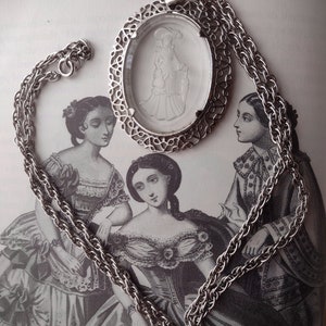 Avon Elegant Victorian Woman w Umbrella Cameo Necklace Clear Carved Frosted Glass Long Chain Oval Pendant Prairie Cottagecore Silver 80s 90s image 2