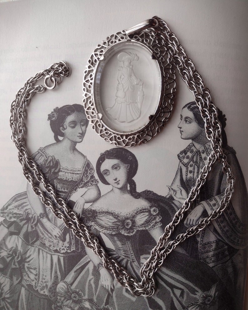 Avon Elegant Victorian Woman w Umbrella Cameo Necklace Clear Carved Frosted Glass Long Chain Oval Pendant Prairie Cottagecore Silver 80s 90s image 2