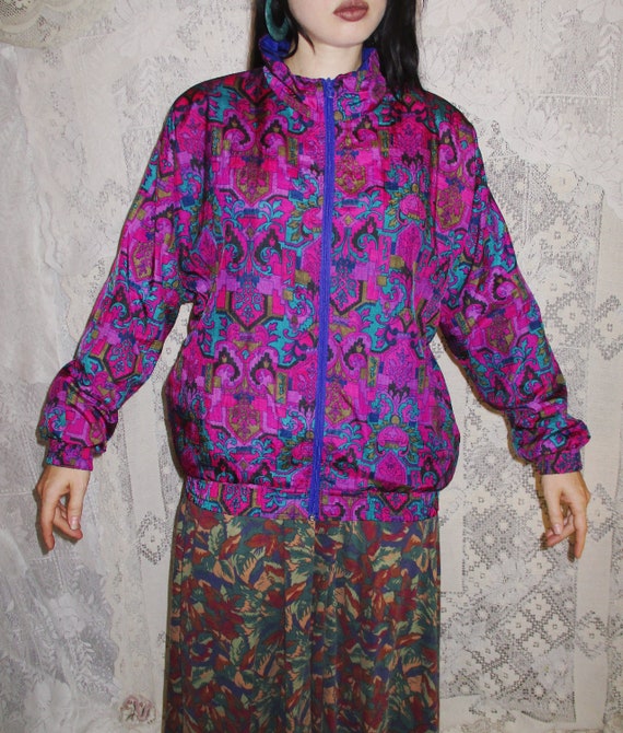 80s 90s Windbreaker Bright Magenta Purple & Olive… - image 5