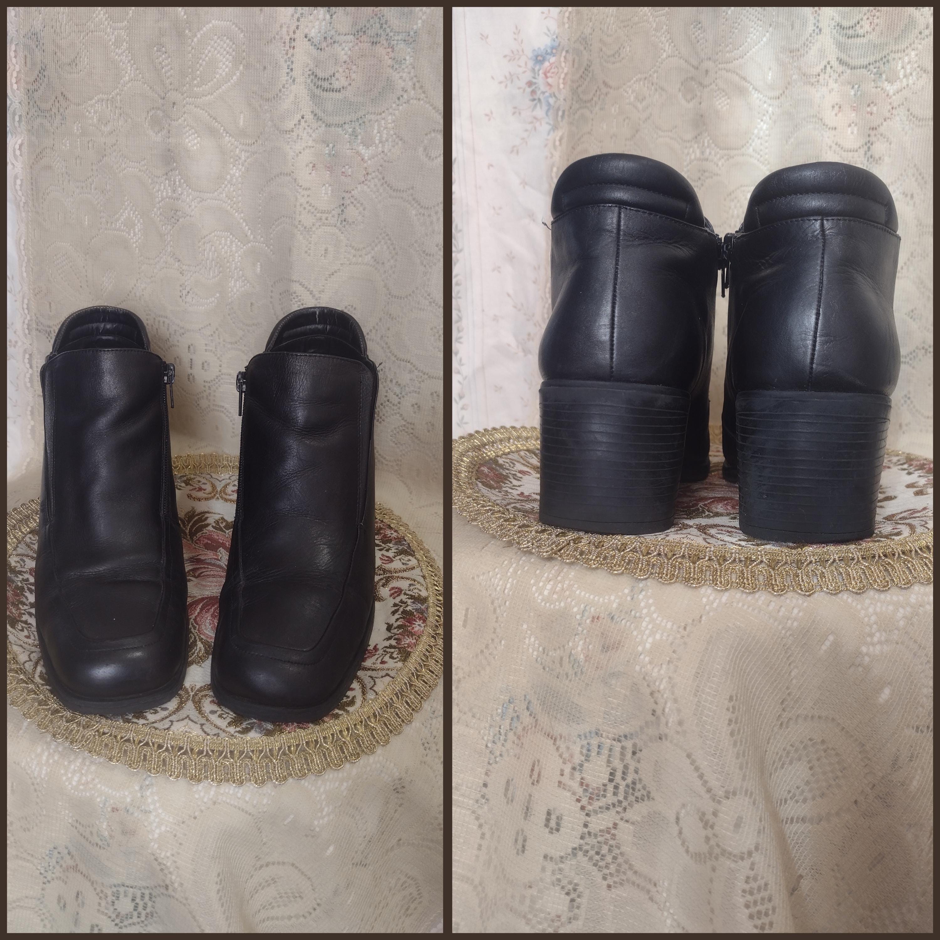 90s Black Leather Zip up Elastic Ankle Boots Y2K Early 2000s
