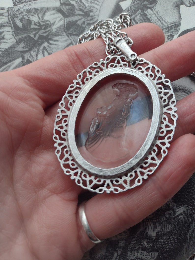 Avon Elegant Victorian Woman w Umbrella Cameo Necklace Clear Carved Frosted Glass Long Chain Oval Pendant Prairie Cottagecore Silver 80s 90s image 4