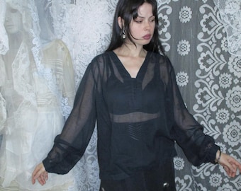 Black Renaissance Peasant Blouse Costume Medieval Balloon Poet Sleeve Renn Faire Trad Goth Gothic Halloween Pirate Boho Witchy Folk Prairie