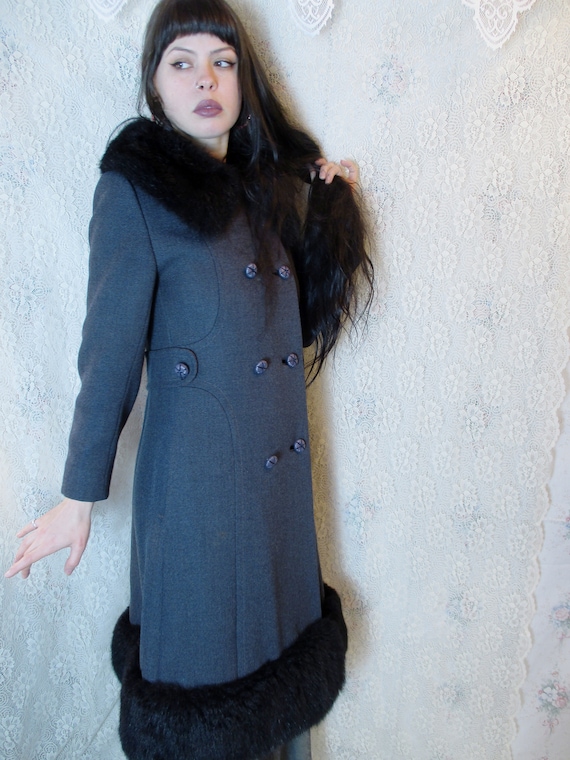 60s 70s Grey Russian Princess Coat Black Fur Trim… - image 4