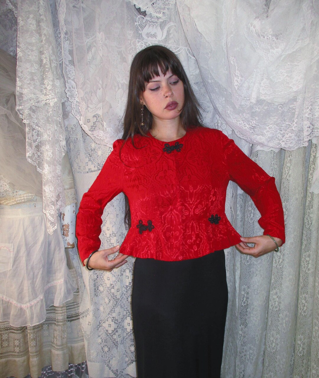 90s Bright Red Jacquard Jacket or Blazer Waist Pleats Black Frog Clasps ...