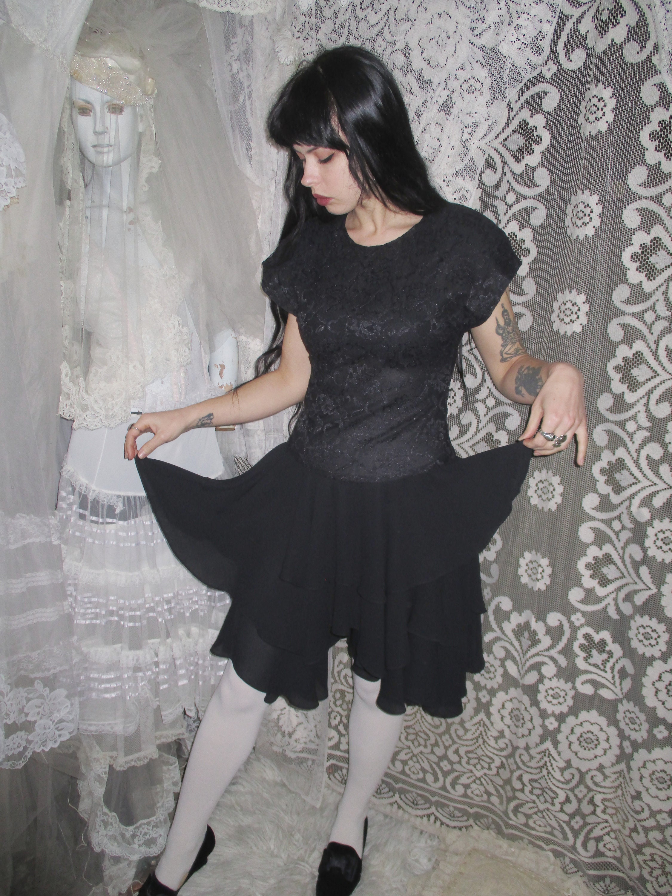 80s Black Lace Jessica Howard Dress 90s Chiffon Ruffled Layer Skirt Prom Shoulder Pads Drop Waist Goth Punk Witchy Bohemian Whimsigothic 4 Etsy