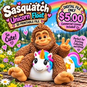May include: A brown, furry Sasquatch figure with a smiling face and a peace sign gesture, sitting on a white unicorn-shaped pool float. The image includes text reading Sasquatch Unicorn Float, 3D Printable File, So Cute, and Digital File Only.