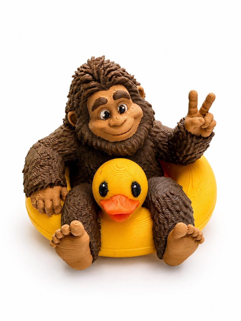 May include: A brown, textured figurine of a hairy creature resembling a sasquatch, sitting inside a bright yellow rubber duck floatie. The creature has a smiling face and is holding up one hand in a peace sign gesture, with visible 3D printed layers.