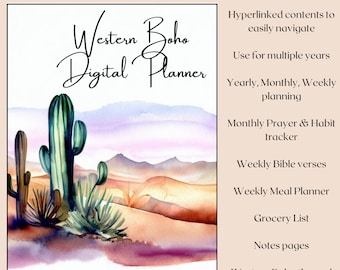 Könnte beinhalten: Ein digitaler Planer mit einem Aquarelldesign. Das Cover zeigt den Text "Western Boho Digital Planner" über einer Wüstenlandschaft mit Kakteen. Zusätzlicher Text enthält "Undated", "Yearly, Monthly, Weekly planning" und "Grocery List".