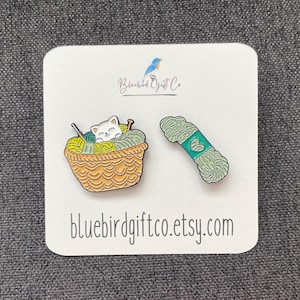Knitting and Yarn Enamel Pin Set with Free Shipping! Great gift for knitter, stocking stuffer, crochet knit bag accessory, cat, yarn basket