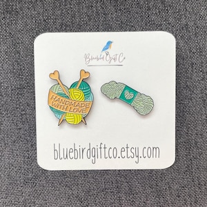 Knitting and Yarn Enamel Pin Set with Free Shipping! Great gift for knitter, stocking stuffer, crochet knit bag accessory, cat, yarn basket