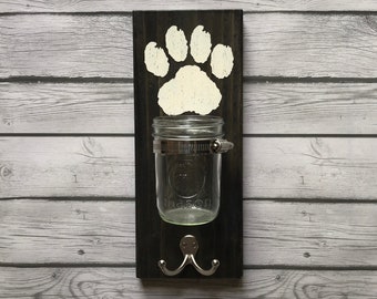 Dark Brown Pet Leash & Treat Holder with Mason Jar, Leash Hook Dog Sign Bone Pet Accessories Dog Treat Paw Print Wood