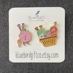 Knitting Basket and Yarn Enamel Pin Set with Free Shipping! Great gift for crocheter or knitter, stocking stuffer crochet knit bag accessory