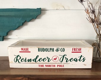 Reindeer Treats Wood Gift Box, Christmas Gift Rustic Farmhouse Hand Painted Distressed Handmade Wood Box Container Decor Kitchen