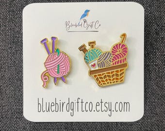 Knitting Basket & Yarn Enamel Pin Set: Crafter Gift