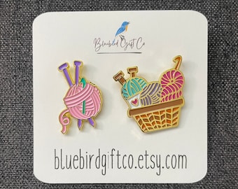 Knitting Basket and Yarn Enamel Pin Set with Free Shipping! Great gift for crocheter or knitter, stocking stuffer crochet knit bag accessory