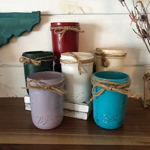 Ball Mason Jar, Half Pint 8 ounces Hand Painted Distressed Rustic Farmhouse Centerpiece Decor Flower Vase Pencil Kitchen Utensil Holder