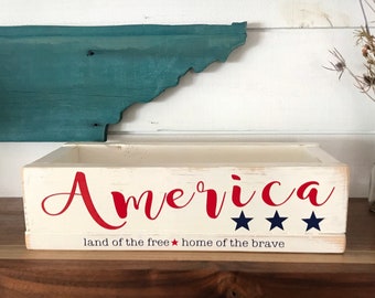 America Wood Gift Box, Rustic Farmhouse 4th of July July Fourth Patriotic USA Hand Painted Distressed Wood Box Container Condiments Kitchen