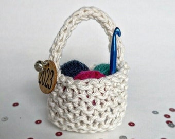 Crochet Christmas Ornament Yarn Basket with Mini Yarn Balls and Hook, 2023 Holiday Miniature Handmade Crochet Gift Free Shipping