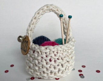 Knitting Christmas Ornament Yarn Basket with Mini Yarn Balls and Needles, Holiday Miniature Gift Handmade Crochet Knitter Gift Free Shipping