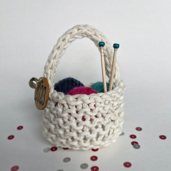 Knitting Christmas Ornament Yarn Basket with Mini Yarn Balls and Needles, Holiday Miniature Gift Handmade Crochet Knitter Gift Free Shipping