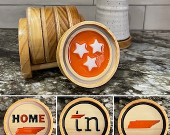 Set of 4 Tennessee Coasters With Holder UT Wood Coasters Vols Fan University of Tennessee Knoxville Alumni Home Drinkware Barware