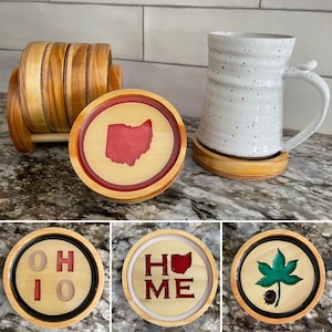 Set of 4 Ohio Coasters With Holder OSU Ohio State Wood Coasters Buckeye OSU Fan Alumni Home Drinkware Barware