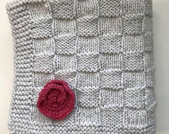 Heather Gray Waffle Weave Baby Blanket with Pink Rose, New Baby Shower Gift Newborn Flower Rose Hand Knit Handmade Knitting