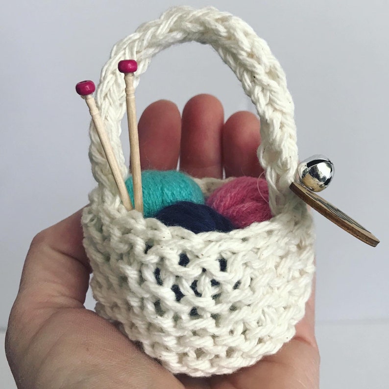 Knitting Christmas Ornament Yarn Basket with Mini Yarn Balls and Needles, Holiday Miniature Gift Handmade Crochet Knitter Gift Free Shipping image 3