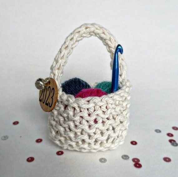 Crochet Christmas Ornament Yarn Basket With Mini Yarn Balls and Hook, 2023  Holiday Miniature Handmade Crochet Gift Free Shipping 
