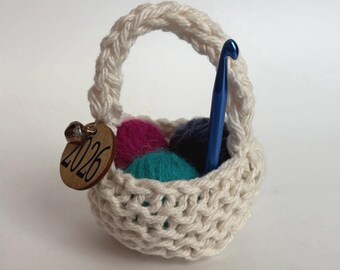 Handmade Crochet Basket Christmas Ornament: Mini Yarn Balls and Hook, Custom Colors