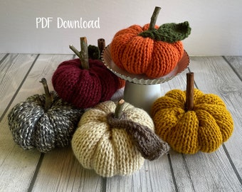 Knit Pumpkin Pattern with Leaf and Curly Vine, Hand Knit PDF Fall Autumn Gift Housewarming Halloween