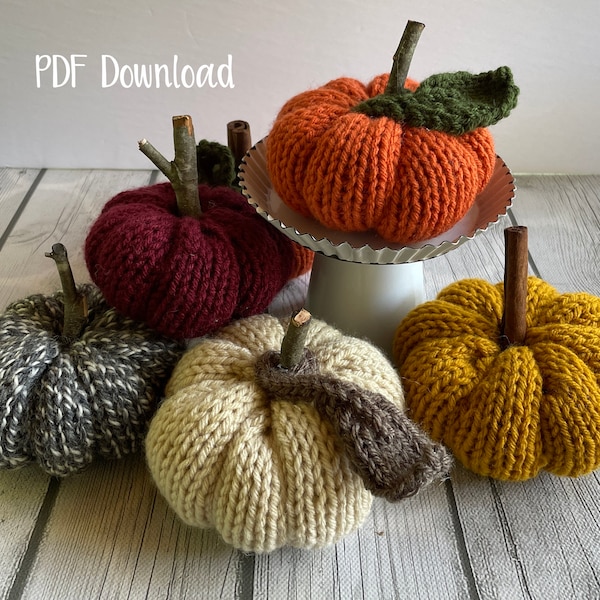 Knit Pumpkin Pattern with Leaf and Curly Vine, Hand Knit PDF Fall Autumn Gift Housewarming Halloween