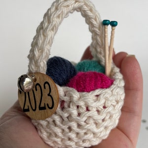 Knitting Christmas Ornament Yarn Basket with Mini Yarn Balls and Needles, Holiday Miniature Gift Handmade Crochet Knitter Gift Free Shipping image 4