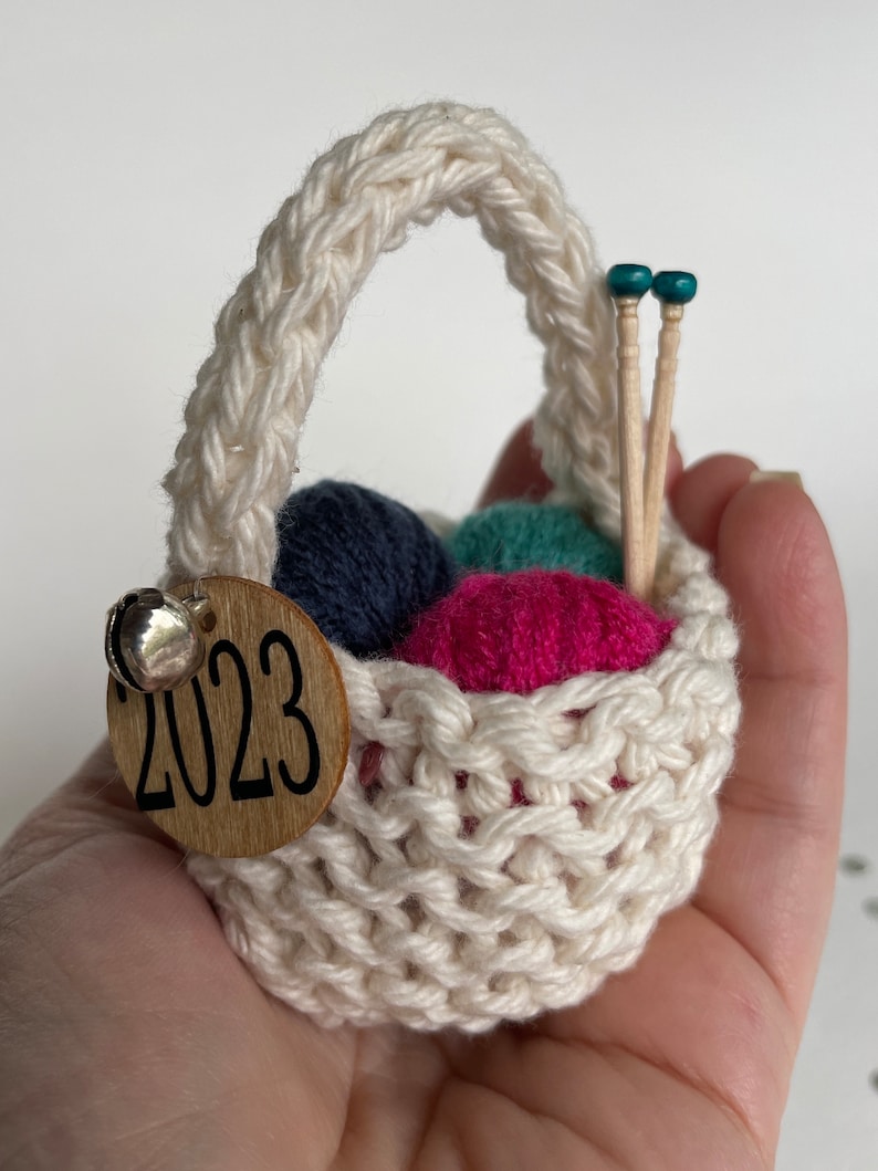 Knitting Christmas Ornament Yarn Basket with Mini Yarn Balls and Needles, Holiday Miniature Gift Handmade Crochet Knitter Gift Free Shipping image 4