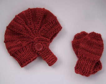 Red Aviator Hat and Mittens Unisex Size 1 year +, Handmade Hand Knit New Baby Gift Shower Newborn Baby Hat Beanie Free Shipping