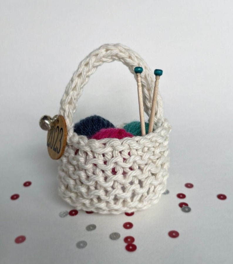 Knitting Christmas Ornament Yarn Basket with Mini Yarn Balls and Needles, Holiday Miniature Gift Handmade Crochet Knitter Gift Free Shipping image 1