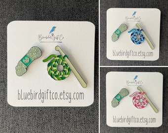 Crochet Hook and Yarn Enamel Pin Set with Free Shipping! Great gift for crocheter or knitter, stocking stuffer, crochet knit bag accessory