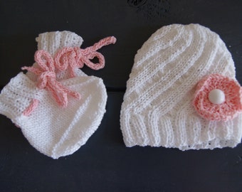 Swirl Baby Hat with Flower and Booties, Newborn to 3 months + Handmade Hand Knit New Baby Gift Shower Newborn Free Shipping Baby Girl
