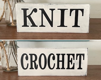 Double Sided Hand Painted Wood Sign, Rustic Farmhouse Barnwood Knit Crochet Handmade Craft Yarn Knitting Crocheting Gift Free Shipping