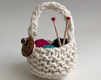 Knitting Basket Christmas Ornament: Handmade Miniature Yarn and Needles