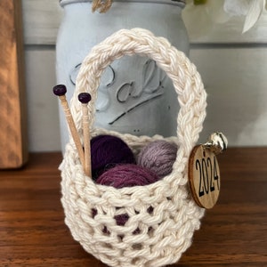 Knitting Christmas Ornament Yarn Basket with Mini Yarn Balls and Needles, Holiday Miniature Gift Handmade Crochet Knitter Gift Free Shipping image 2