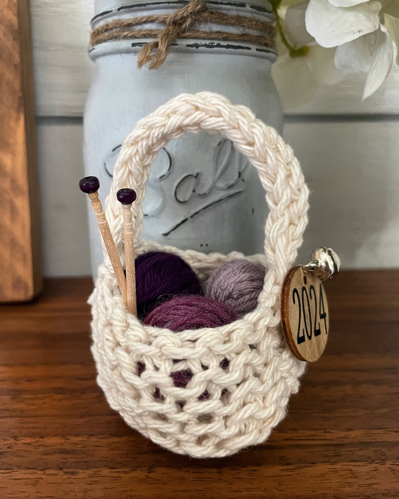 Knitting Christmas Ornament Yarn Basket with Mini Yarn Balls and Needles, Holiday Miniature Gift Handmade Crochet Knitter Gift Free Shipping image 2