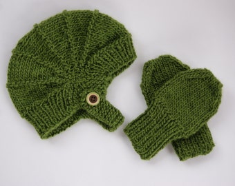 Green Aviator Hat and Mittens, Size 1 year +, Handmade Hand Knit New Baby Gift Shower Newborn Baby Hat Beanie Free Shipping