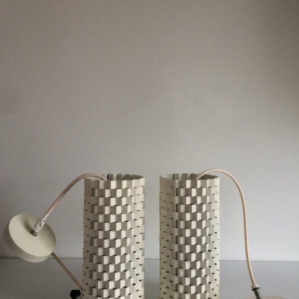 Reserved- Vintage Fredrick Ramond Metal Pendant Light Fixture Pair with Original White Paint Danish Mid Century Style