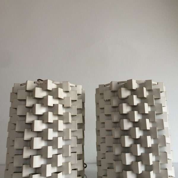 Vintage Metal Pendant Swag Light Fixture Pair with Original White Paint Danish Mid Century Style