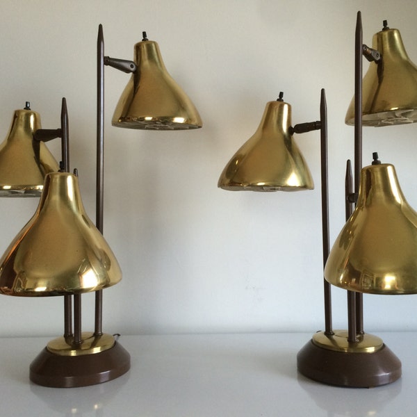 Pair of Mid Century original  Brown and Brass Table Lamps with Cone Shades In The Style of Gerald Thurston