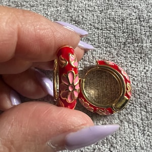 Huggie Earrings, flower enamel design